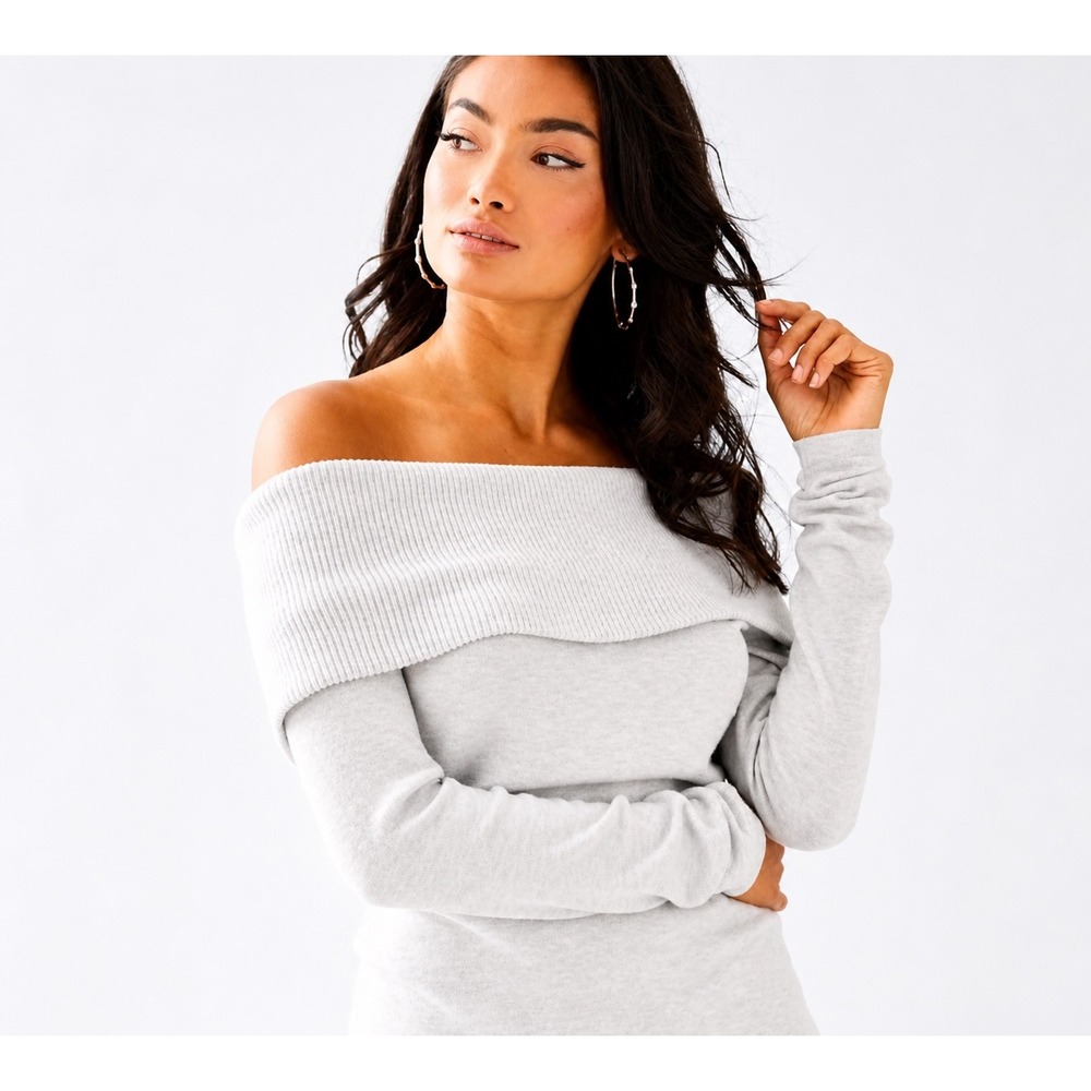 Lilly Pulitzer Off The-Shoulder Sweater XS Light Gray Excellent Ribbed Knit